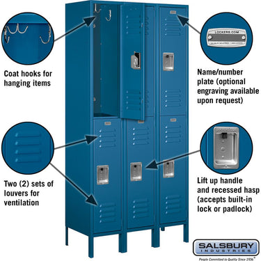 12-inch Wide Double Tier Standard Metal Locker - 3 Wide - 6 Feet High - 15-inch Deep by Salsbury – Blue – Assembled by Salsbury (view 2)