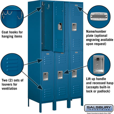 12-inch Wide Double Tier Standard Metal Locker - 3 Wide - 6 Feet High - 18-inch Deep by Salsbury – Blue – Assembled by Salsbury (view 2)
