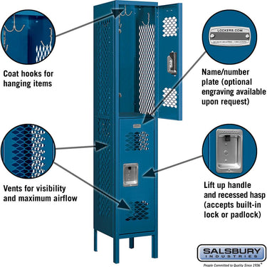 12-inch Wide Double Tier Vented Metal Locker - 1 Wide - 5 Feet High - 12-inch Deep by Salsbury – Blue – Assembled by Salsbury (view 2)