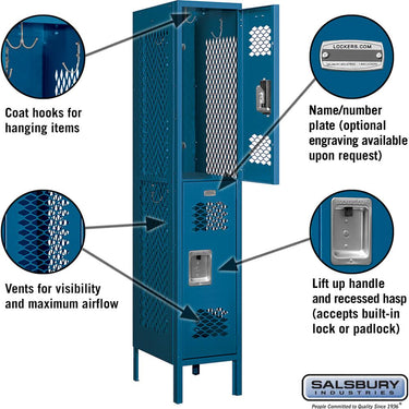 12-inch Wide Double Tier Vented Metal Locker - 1 Wide - 5 Feet High - 18-inch Deep by Salsbury – Blue – Assembled by Salsbury (view 2)
