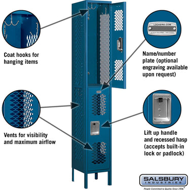 12-inch Wide Double Tier Vented Metal Locker - 1 Wide - 6 Feet High - 12-inch Deep by Salsbury – Blue – Assembled by Salsbury (view 2)