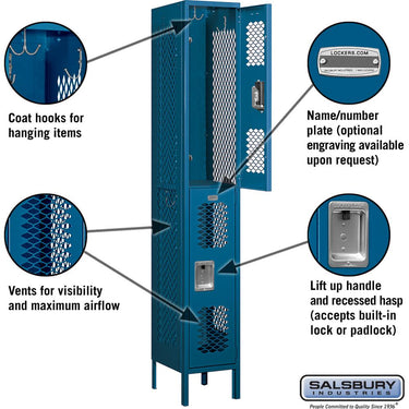 12-inch Wide Double Tier Vented Metal Locker - 1 Wide - 6 Feet High - 15-inch Deep by Salsbury – Blue – Assembled by Salsbury (view 2)