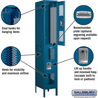 12-inch Wide Double Tier Vented Metal Locker - 1 Wide - 6 Feet High - 18-inch Deep by Salsbury – Blue – Assembled by Salsbury (view 2)