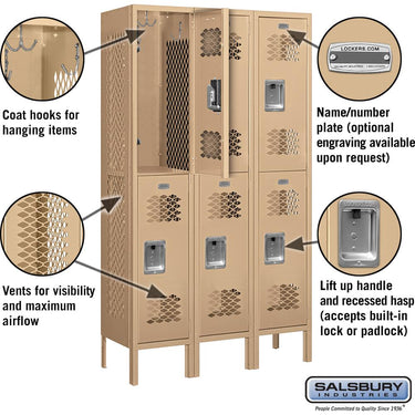 12-inch Wide Double Tier Vented Metal Locker - 3 Wide - 5 Feet High - 12-inch Deep - Tan by Salsbury – Tan – Assembled by Salsbury (view 2)