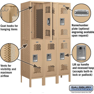 12-inch Wide Double Tier Vented Metal Locker - 3 Wide - 5 Feet High - 18-inch Deep - Tan by Salsbury – Tan – Assembled by Salsbury (view 2)