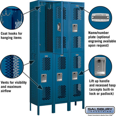 12-inch Wide Double Tier Vented Metal Locker - 3 Wide - 6 Feet High - 12-inch Deep by Salsbury – Blue – Assembled by Salsbury (view 2)