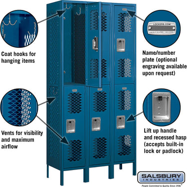 12-inch Wide Double Tier Vented Metal Locker - 3 Wide - 6 Feet High - 15-inch Deep by Salsbury – Blue – Assembled by Salsbury (view 2)