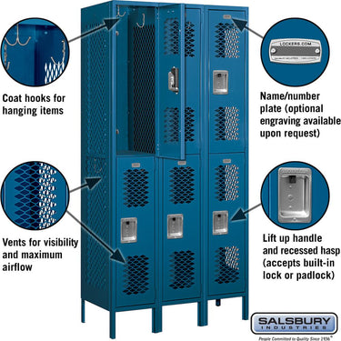 12-inch Wide Double Tier Vented Metal Locker - 3 Wide - 6 Feet High - 18-inch Deep by Salsbury – Blue – Assembled by Salsbury (view 2)