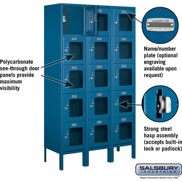 12-inch Wide Five Tier Box Style See-Through Metal Locker - 3 Wide - 5 Feet High - 12-inch Deep by Salsbury – Blue – Assembled by Salsbury (view 2)
