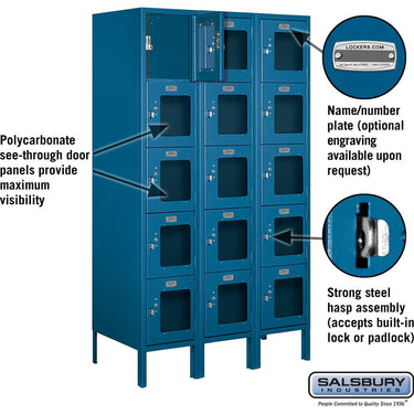 12-inch Wide Five Tier Box Style See-Through Metal Locker - 3 Wide - 5 Feet High - 18-inch Deep by Salsbury – Blue – Assembled by Salsbury (view 2)