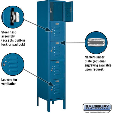 12-inch Wide Five Tier Box Style Standard Metal Locker - 1 Wide - 5 Feet High - 12-inch Deep by Salsbury – Blue – Assembled by Salsbury (view 2)