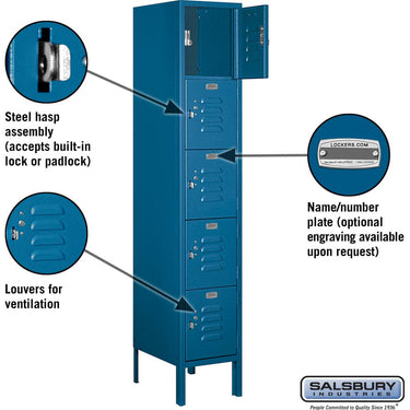 12-inch Wide Five Tier Box Style Standard Metal Locker - 1 Wide - 5 Feet High - 15-inch Deep by Salsbury – Blue – Assembled by Salsbury (view 2)