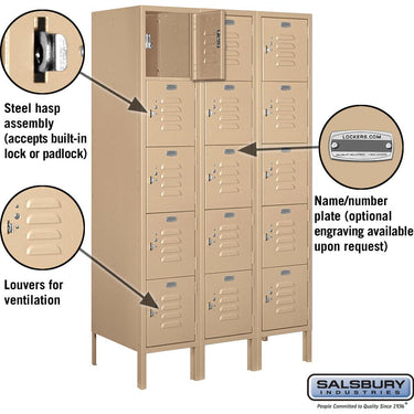 12-inch Wide Five Tier Box Style Standard Metal Locker - 3 Wide - 5 Feet High - 18-inch Deep by Salsbury – Tan – Assembled by Salsbury (view 2)