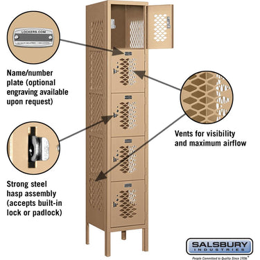 12-inch Wide Five Tier Box Style Vented Metal Locker - 1 Wide - 5 Feet High - 12-inch Deep by Salsbury – Tan – Assembled by Salsbury (view 2)