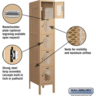 12-inch Wide Five Tier Box Style Vented Metal Locker - 1 Wide - 5 Feet High - 18-inch Deep by Salsbury – Tan – Assembled by Salsbury (view 2)