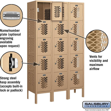 12-inch Wide Five Tier Box Style Vented Metal Locker - 3 Wide - 5 Feet High - 12-inch Deep by Salsbury – Tan – Assembled by Salsbury (view 2)