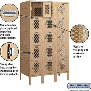 12-inch Wide Five Tier Box Style Vented Metal Locker - 3 Wide - 5 Feet High - 18-inch Deep by Salsbury – Tan – Assembled by Salsbury (view 2)