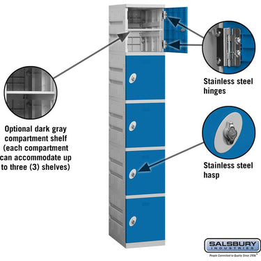 12-inch Wide Five Tier Plastic Locker - 1 Wide - 6 Feet High - 18-inch Deep by Salsbury – Blue – Assembled by Salsbury (view 2)