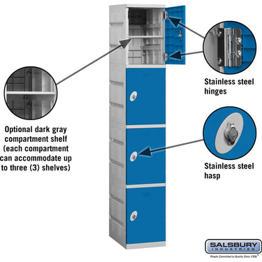 12-inch Wide Four Tier Plastic Locker - 1 Wide - 6 Feet High - 18-inch Deep by Salsbury – Blue – Assembled by Salsbury (view 2)