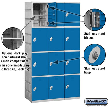 12-inch Wide Four Tier Plastic Locker - 3 Wide - 6 Feet High - 18-inch Deep by Salsbury – Blue – Assembled by Salsbury (view 2)