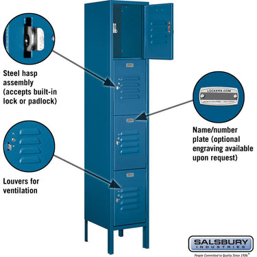 12-inch Wide Four Tier Standard Metal Locker - 1 Wide - 5 Feet High - 12-inch Deep by Salsbury – Blue – Assembled by Salsbury (view 2)
