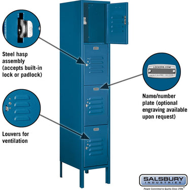 12-inch Wide Four Tier Standard Metal Locker - 1 Wide - 5 Feet High - 15-inch Deep by Salsbury – Blue – Assembled by Salsbury (view 2)