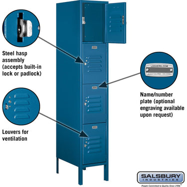 12-inch Wide Four Tier Standard Metal Locker - 1 Wide - 5 Feet High - 18-inch Deep by Salsbury – Blue – Assembled by Salsbury (view 2)