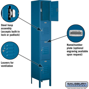 12-inch Wide Four Tier Standard Metal Locker - 1 Wide - 6 Feet High - 15-inch Deep by Salsbury – Blue – Assembled by Salsbury (view 2)