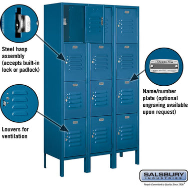 12-inch Wide Four Tier Standard Metal Locker - 3 Wide - 5 Feet High - 12-inch Deep by Salsbury – Blue – Assembled by Salsbury (view 2)