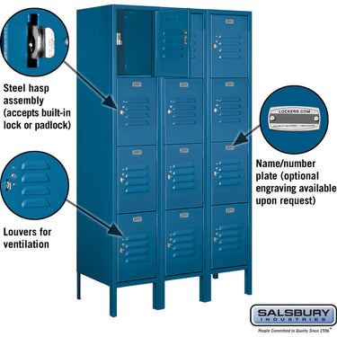 12-inch Wide Four Tier Standard Metal Locker - 3 Wide - 5 Feet High - 15-inch Deep by Salsbury – Blue – Assembled by Salsbury (view 2)