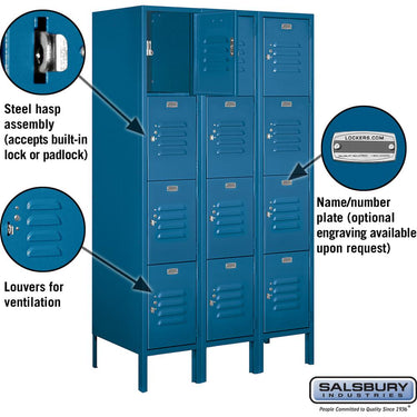 12-inch Wide Four Tier Standard Metal Locker - 3 Wide - 5 Feet High - 18-inch Deep by Salsbury – Blue – Assembled by Salsbury (view 2)