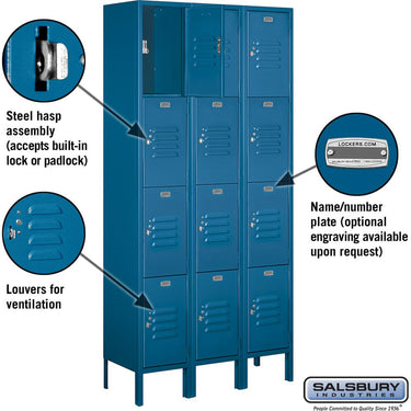 12-inch Wide Four Tier Standard Metal Locker - 3 Wide - 6 Feet High - 12-inch Deep by Salsbury – Blue – Assembled by Salsbury (view 2)
