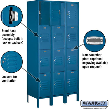 12-inch Wide Four Tier Standard Metal Locker - 3 Wide - 6 Feet High - 15-inch Deep by Salsbury – Blue – Assembled by Salsbury (view 2)