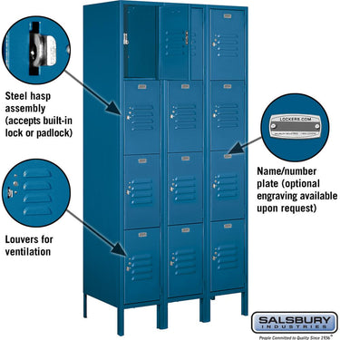 12-inch Wide Four Tier Standard Metal Locker - 3 Wide - 6 Feet High - 18-inch Deep by Salsbury – Blue – Assembled by Salsbury (view 2)