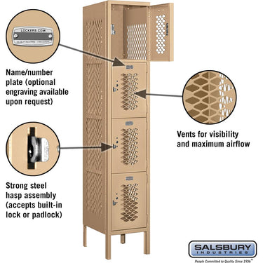 12-inch Wide Four Tier Vented Metal Locker - 1 Wide - 5 Feet High - 15-inch Deep by Salsbury – Tan – Assembled by Salsbury (view 2)