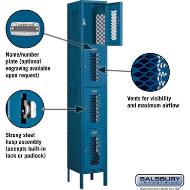 12-inch Wide Four Tier Vented Metal Locker - 1 Wide - 6 Feet High - 12-inch Deep by Salsbury – Blue – Assembled by Salsbury (view 2)