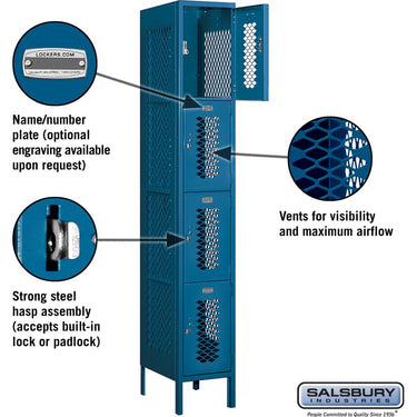 12-inch Wide Four Tier Vented Metal Locker - 1 Wide - 6 Feet High - 18-inch Deep by Salsbury – Blue – Assembled by Salsbury (view 2)
