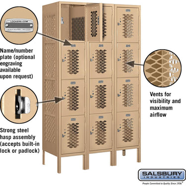 12-inch Wide Four Tier Vented Metal Locker - 3 Wide - 5 Feet High - 15-inch Deep by Salsbury – Tan – Assembled by Salsbury (view 2)