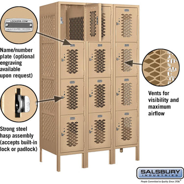 12-inch Wide Four Tier Vented Metal Locker - 3 Wide - 5 Feet High - 18-inch Deep by Salsbury – Tan – Assembled by Salsbury (view 2)