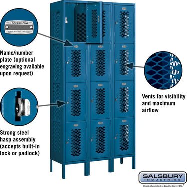 12-inch Wide Four Tier Vented Metal Locker - 3 Wide - 6 Feet High - 12-inch Deep by Salsbury – Blue – Assembled by Salsbury (view 2)