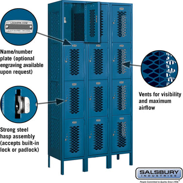 12-inch Wide Four Tier Vented Metal Locker - 3 Wide - 6 Feet High - 15-inch Deep by Salsbury – Blue – Assembled by Salsbury (view 2)