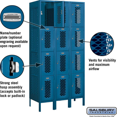 12-inch Wide Four Tier Vented Metal Locker - 3 Wide - 6 Feet High - 18-inch Deep by Salsbury – Blue – Assembled by Salsbury (view 2)