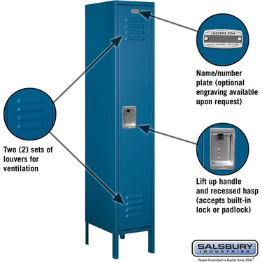 12-inch Wide Single Tier Standard Metal Locker - 1 Wide - 5 Feet High - 15-inch Deep by Salsbury – Blue – Assembled by Salsbury (view 2)