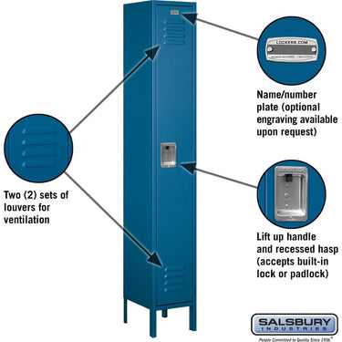 12-inch Wide Single Tier Standard Metal Locker - 1 Wide - 6 Feet High - 12-inch Deep by Salsbury – Blue – Assembled by Salsbury (view 2)