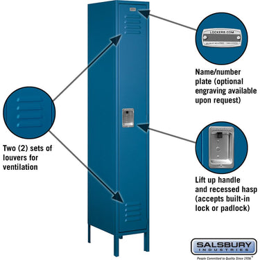 12-inch Wide Single Tier Standard Metal Locker - 1 Wide - 6 Feet High - 18-inch Deep by Salsbury – Blue – Assembled by Salsbury (view 2)