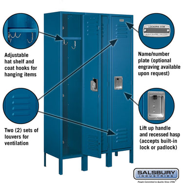 12-inch Wide Single Tier Standard Metal Locker - 3 Wide - 5 Feet High - 12-inch Deep by Salsbury – Blue – Assembled by Salsbury (view 2)