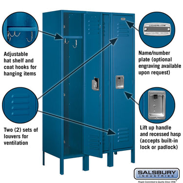 12-inch Wide Single Tier Standard Metal Locker - 3 Wide - 5 Feet High - 15-inch Deep by Salsbury – Blue – Assembled by Salsbury (view 2)