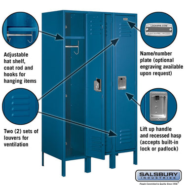 12-inch Wide Single Tier Standard Metal Locker - 3 Wide - 5 Feet High - 18-inch Deep by Salsbury – Blue – Assembled by Salsbury (view 2)