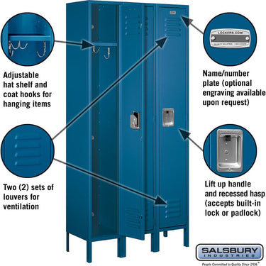 12-inch Wide Single Tier Standard Metal Locker - 3 Wide - 6 Feet High - 12-inch Deep by Salsbury – Blue – Assembled by Salsbury (view 2)
