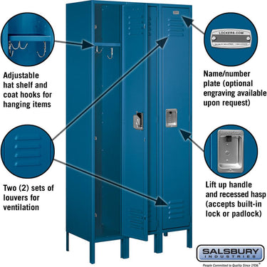 12-inch Wide Single Tier Standard Metal Locker - 3 Wide - 6 Feet High - 15-inch Deep by Salsbury – Blue – Assembled by Salsbury (view 2)